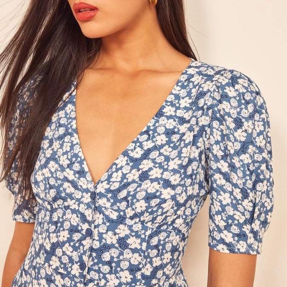 Reformation Blue and White Floral Madeline top